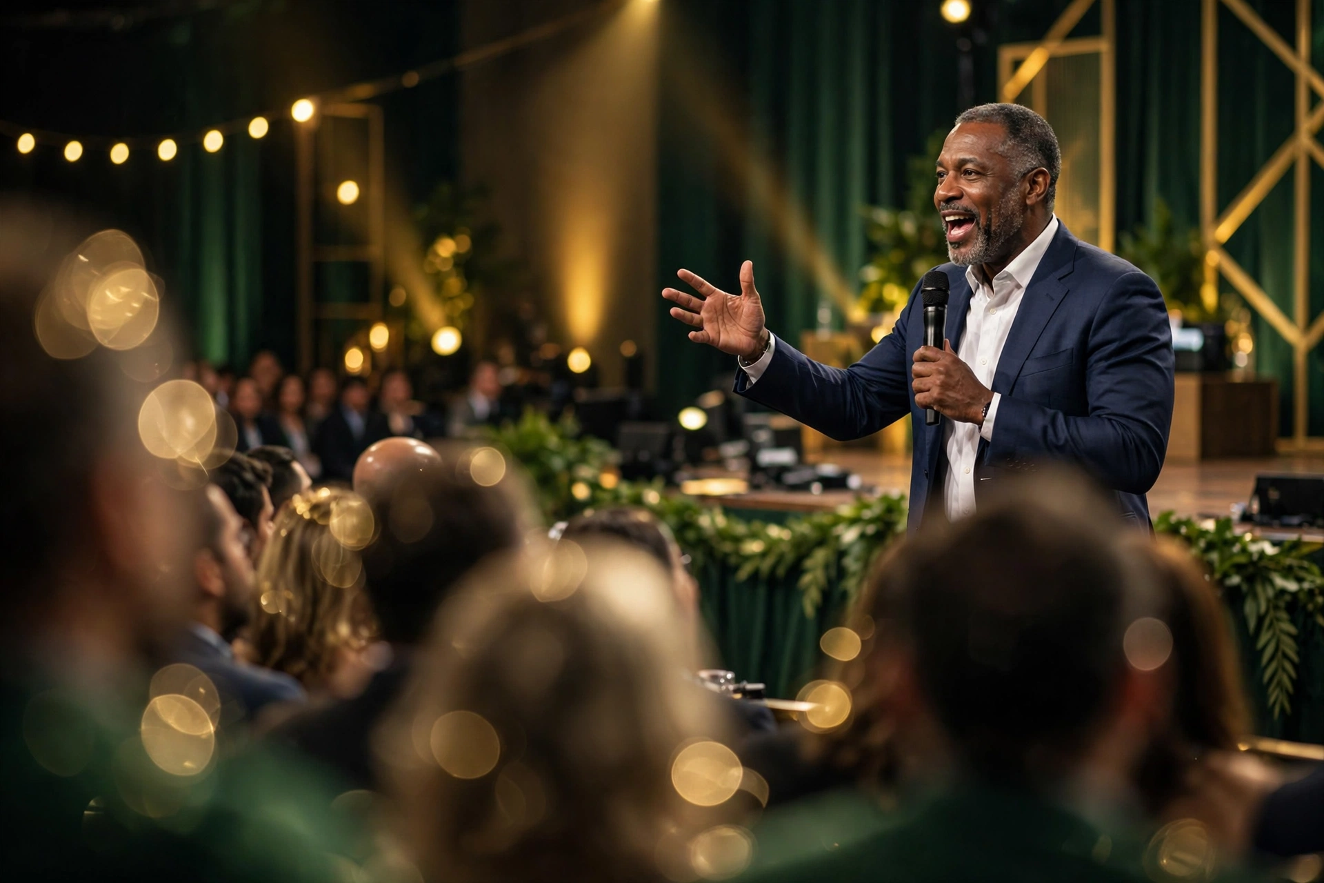 Neville Anthony Gordon speaking into a microphone before a large audience at a conference