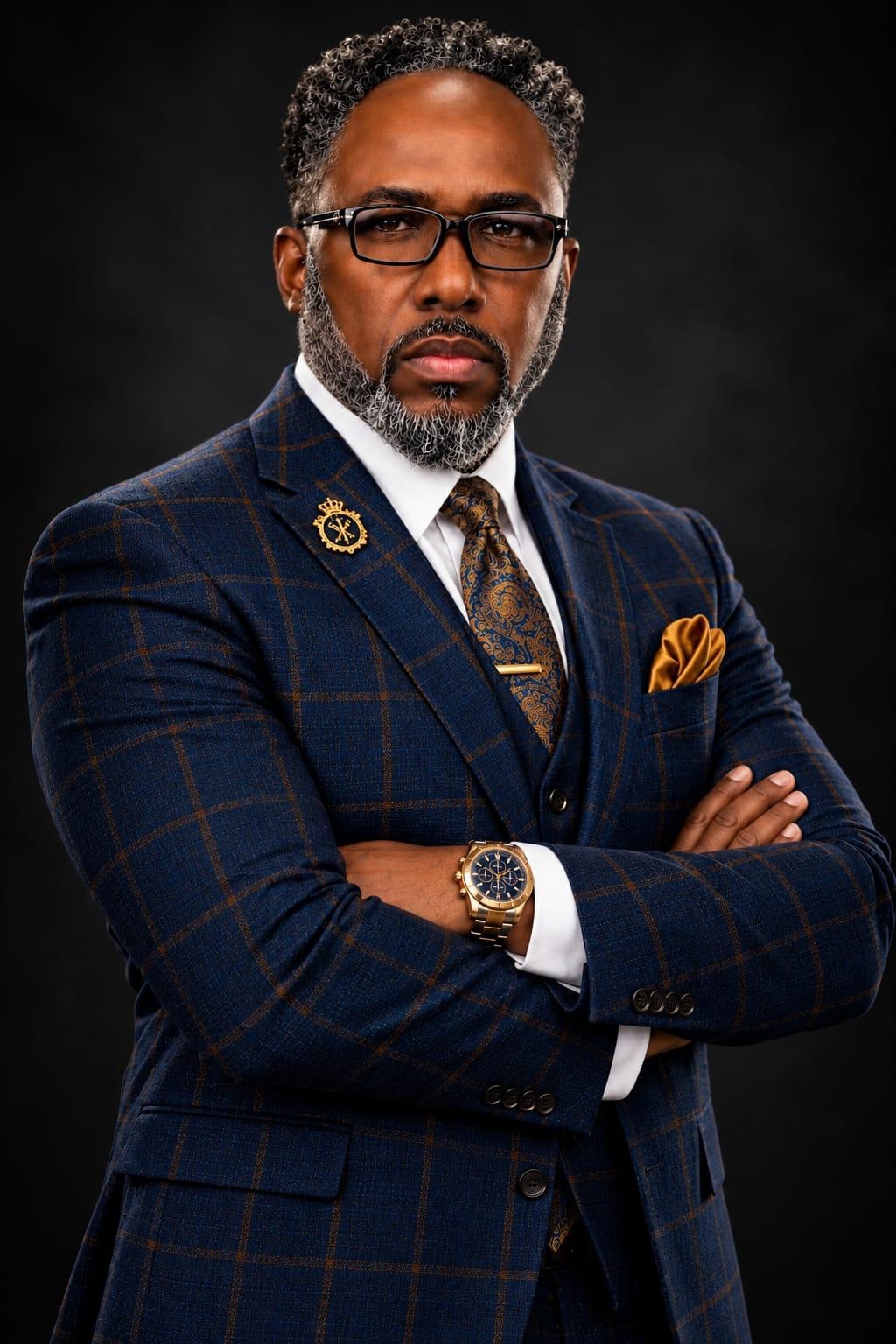 Neville Anthony Gordon with arms folded, wearing a navy windowpane suit and gold tie against a dark studio background